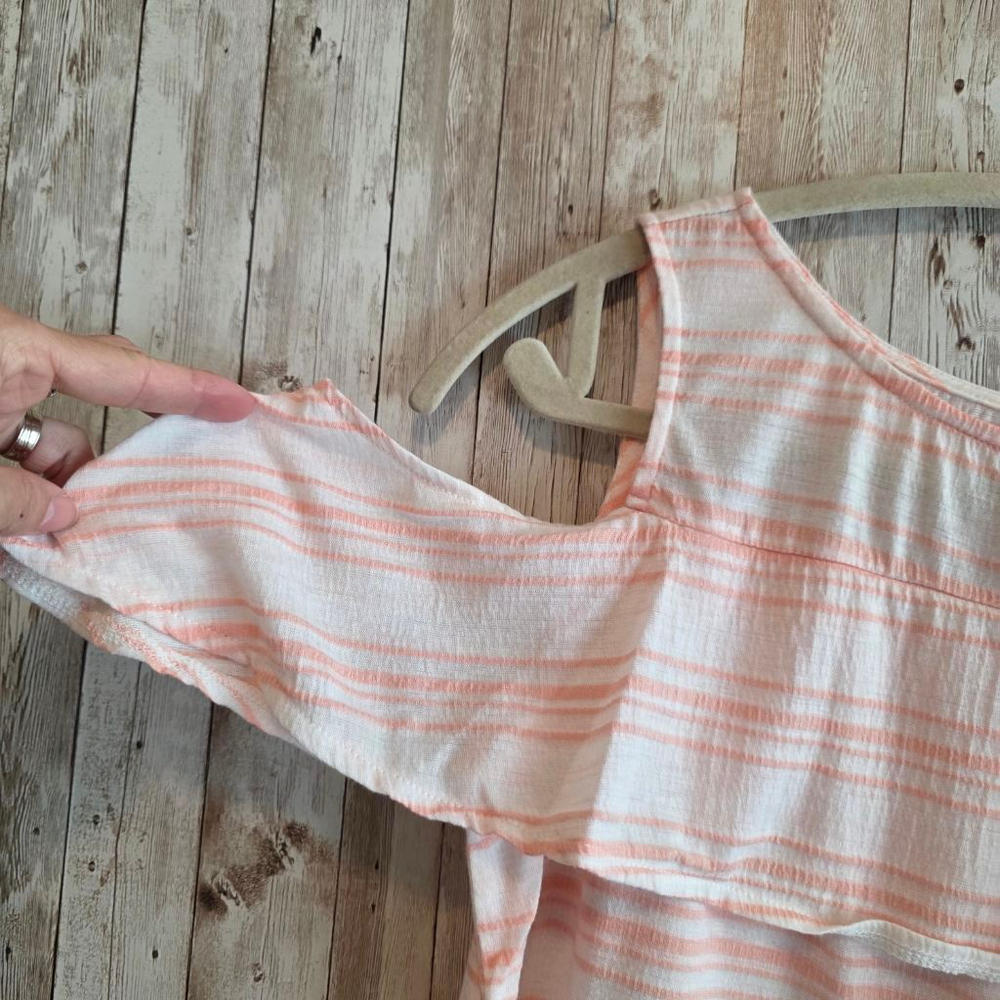 Women's Soho White Pink Striped Cold Shoulder Short Sleeve Tee XS - Picture 4 of 7